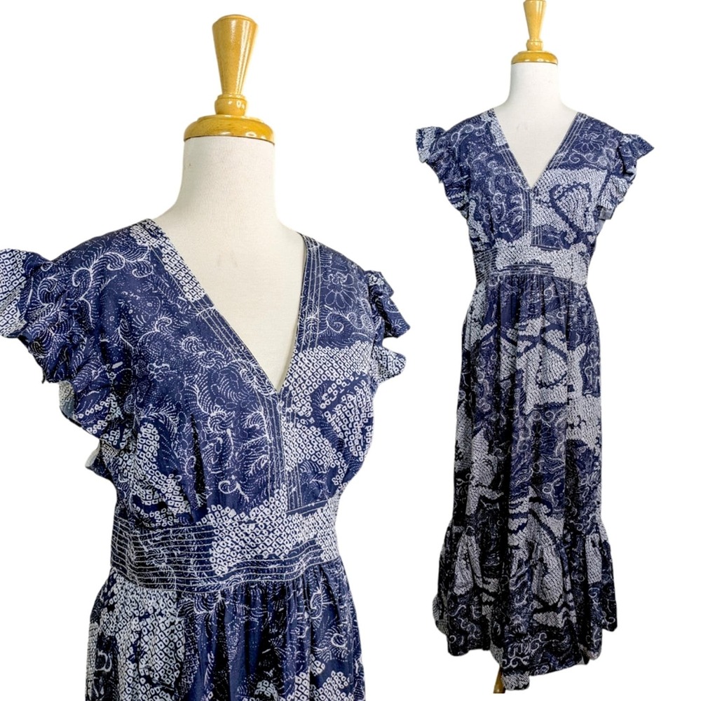 Anthropologie Navy and White Printed Ruffle-Sleeve Midi Dress